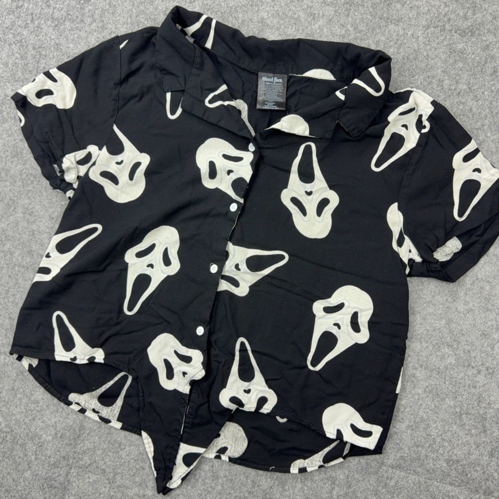 Ghost Face Shirt Womens XL Black Scream Horror Movie Front Tie Rayon Goth Y2K